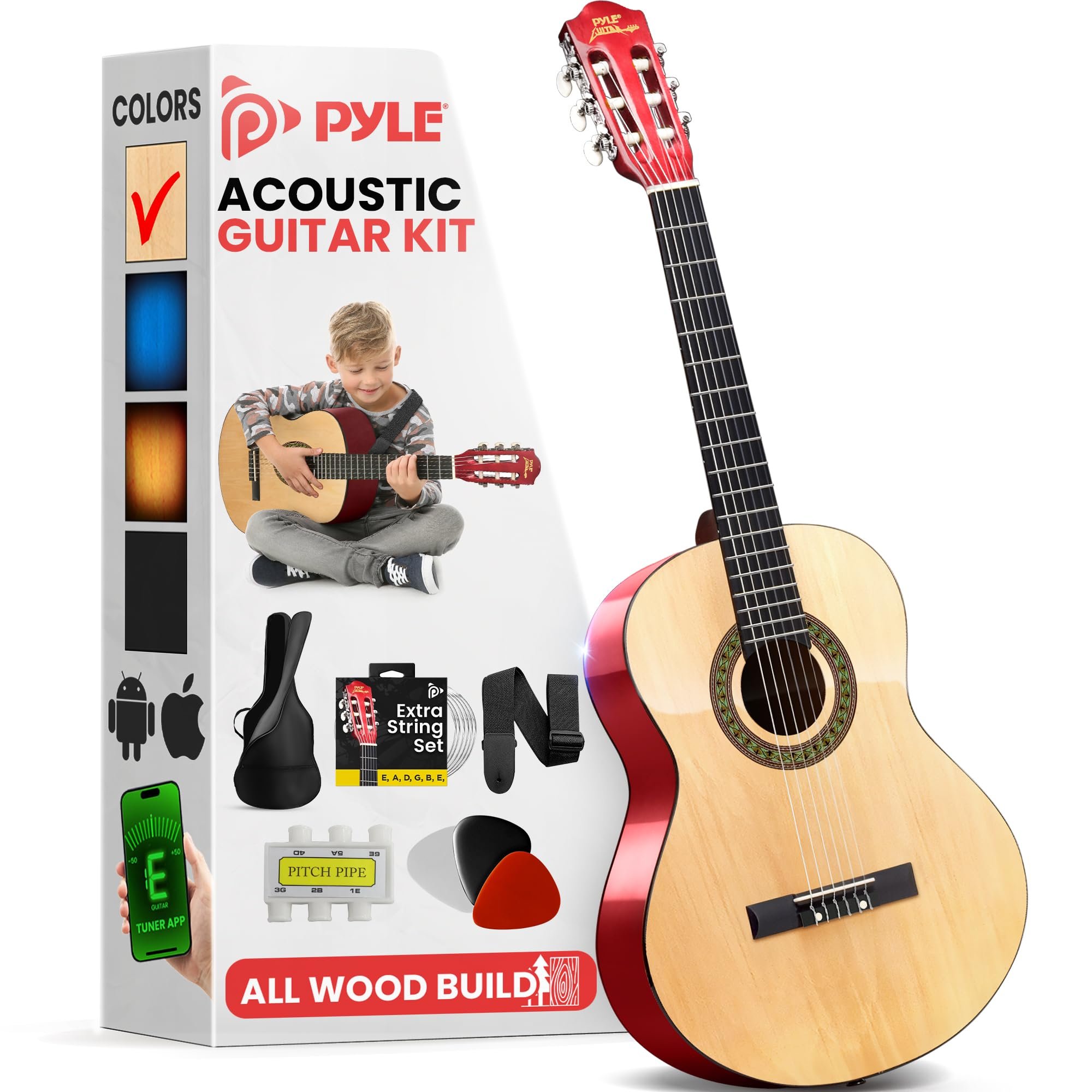 Pyle 30-Inch Beginner Acoustic Guitar Kit, 6-String Classical Style Travel Guitar for Kids & Adults - Includes Shoulder Strap, Strings, Picks, Tuning Pitch Pipe & Storage Gig Bag - Handcrafted Wood - Product Image