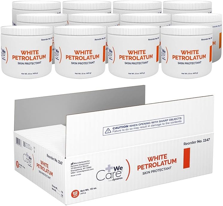 Dynarex White Petrolatum, Petroleum Jelly for Dry, Damaged or Cracked Skin, Soothing White Petroleum Jelly for Minor Skin Irritations, 15 oz. (425g) Jars, 1 Box of 12 - Product Image