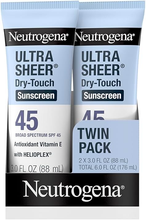 Neutrogena Ultra Sheer Dry Touch Sunscreen Lotion SPF 45 Broad Spectrum UVA UVB Protection Lightweight Water Resistant up to 80 Minutes Oil PABA Oxybenzone Free, 2-pack of 3 fl oz - Product Image