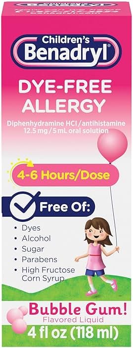 Children's Benadryl Dye-Free Allergy Relief Liquid + 12.5 mg Diphenhydramine HCl, Antihistamine Allergy Medicine for Kids Helps Relieve Runny Nose & Sneezing, Bubble Gum Flavor, 4 fl. oz - Product Image