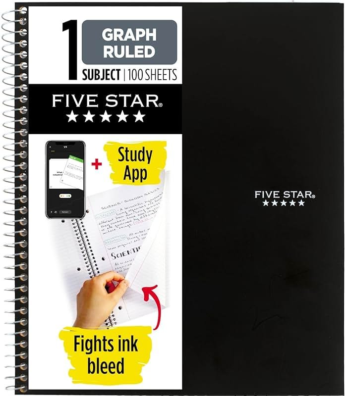 Five Star Spiral Notebook + Study App, 1 Subject, Graph Ruled Paper, Fights Ink Bleed, Water Resistant Cover, 8-1/2" x 11", 100 Sheets, Color Will Vary, 1 Count (06190) - Product Image
