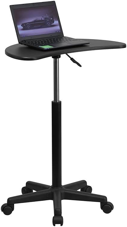 Flash Furniture Eve Sit to Stand Mobile Laptop Desk/Speaker's Lectern with Wheels, Modern Height-Adjustable Portable Standing Computer Desk, Black - Product Image