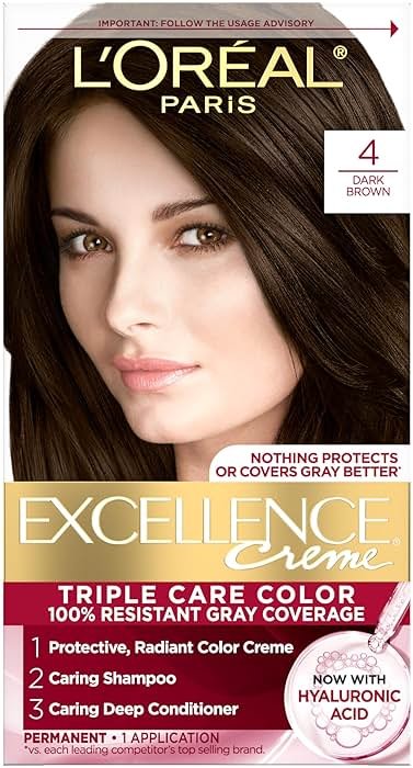 L'Oreal Paris Excellence Crème Permanent Hair Dye, Triple Care Hair Color with Hyaluronic Acid for 100% Gray Coverage, 4 Dark Brown, 1 Kit (Packaging May Vary) - Product Image