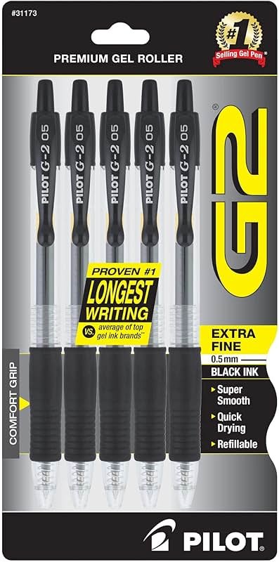Pilot G2 Premium Gel Roller Pens, Extra Fine Point 0.5 mm, Gel Pens Black, Pack of 5 - Ideal for School, Journaling & Office Writing - Product Image