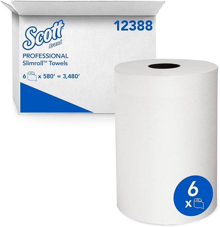 Scott Professional Slimroll Hard Roll Paper Towels, Bulk (12388), Hardwound, Absorbency Pockets, White, for compatible Kimberly-Clark Professional Dispensers (6 Rolls at 580' Each, 3,480'/Case) - Product Image