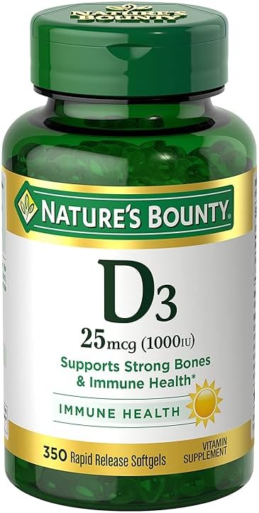 Nature's Bounty Vitamin D3 1000 IU Softgels, Immune Support, Promotes Healthy Bones, 1 Softgel per Day, Gluten Free, 350 Count - Product Image