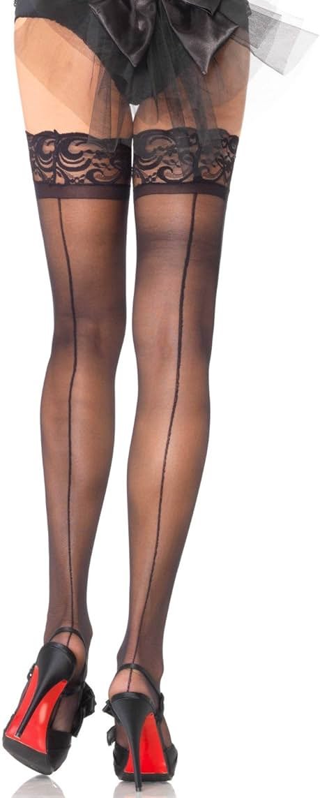 Leg Avenue Women's Thigh High Stockings, Lace Top Cuban Heel Backseam Stockings - Product Image