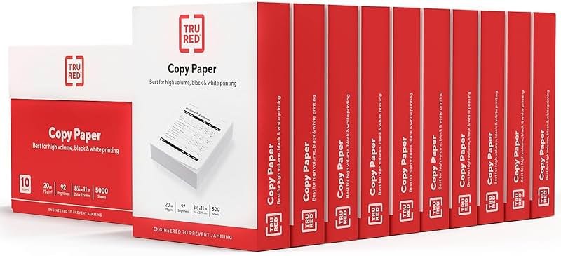 Staples TRU RED Copy & Printer Paper, 8.5 x 11, 20 lb, 92 Bright, 5,000 Sheets/Carton, White Letter Size Paper for Office, School & Home - Product Image