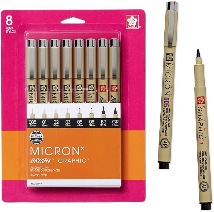 Sakura Pigma Micron, Graphic & Brush Fineline Pens, Archival Black Ink, 8 PK 30067 - Product Image