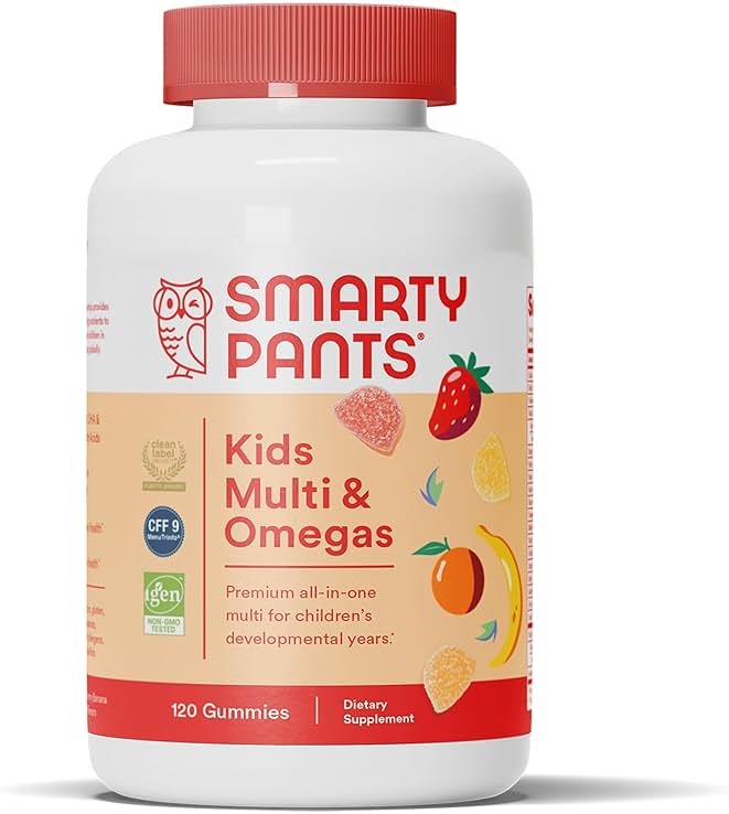SmartyPants Kids Multivitamin Gummies: Omega 3 Fish Oil (EPA/DHA), Vitamin D3, C, Vitamin B12, B6, A, K & Zinc for Immune Support, Biotin, Gluten Free, Three Fruit Flavors, 120 Count (30 Day Supply) - Product Image
