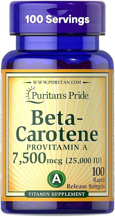 Puritan's Pride Beta Carotene Provitamin A 7,500mcg (25,000 IU), Vitamin Supplement for Immune System, Antioxidant and Eye Health Support, 100 Day Supply, 100 Rapid Release Softgels - Product Image