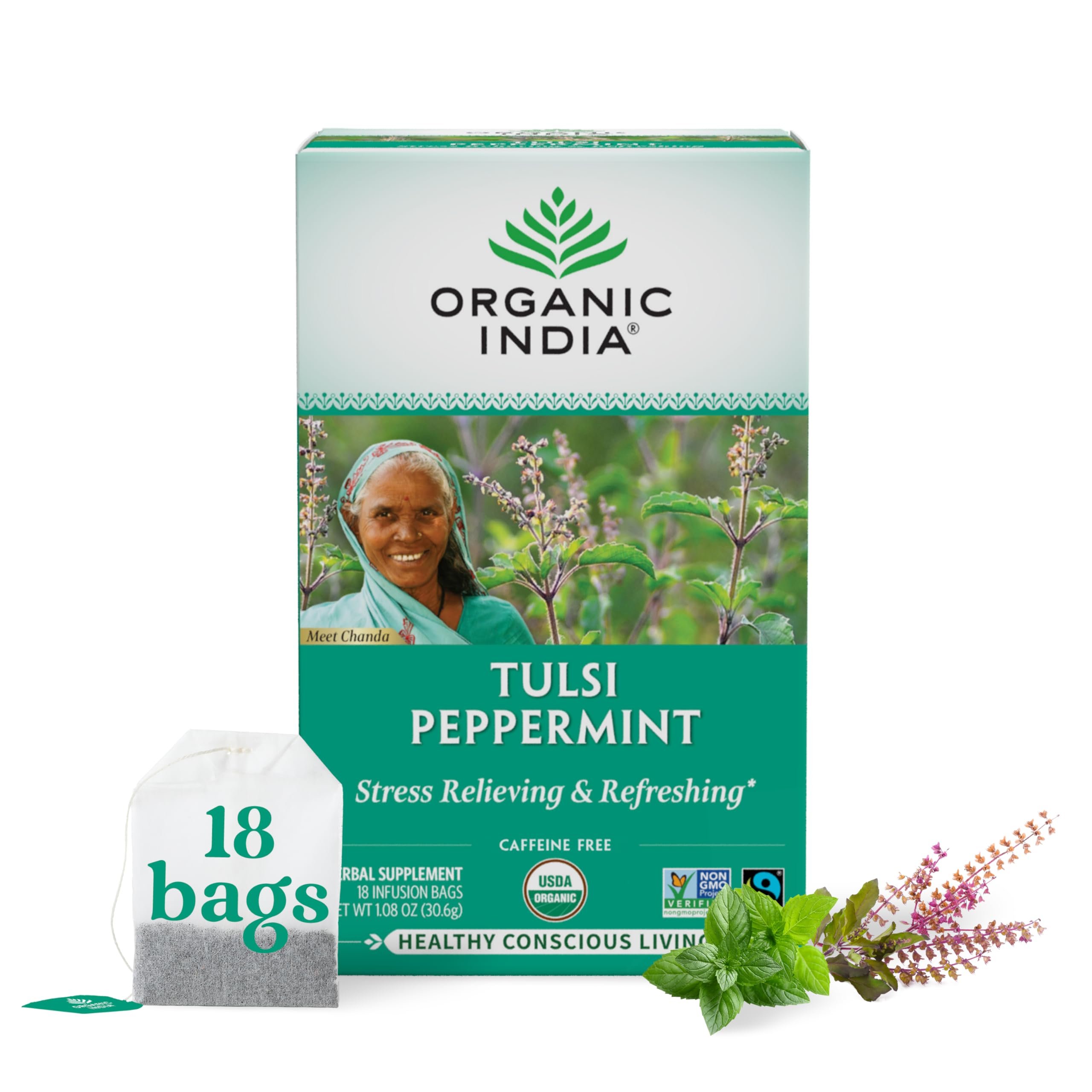Organic India Tulsi Peppermint Herbal Tea - Stress Relieving & Refreshing, Immune Support, Aids Digestion, Vegan, USDA Certified Organic, Fairtrade, Caffeine-Free - 18 Infusion Bags, 1 Pack - Product Image