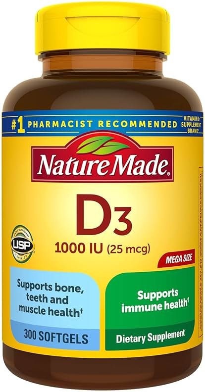 Nature Made Vitamin D3 1000 IU (25 mcg), Vitamin D Supplement for Bone, Teeth, Muscle and Immune Health Support, 300 Softgels, 300 Day Supply - Product Image