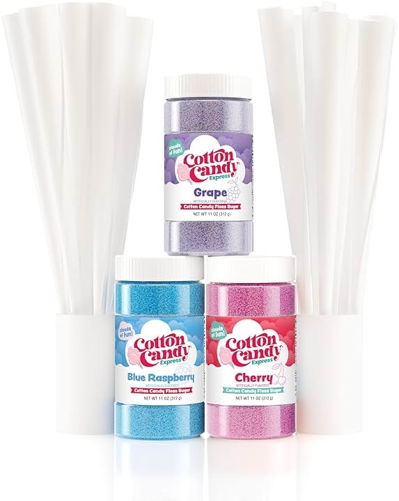 Cotton Candy Express Floss Sugar Variety Pack with 3 - 11oz Plastic Jars of Cherry, Blue Raspberry & Grape Flossing Sugars Plus 50 Paper Cotton Candy Cones - Product Image