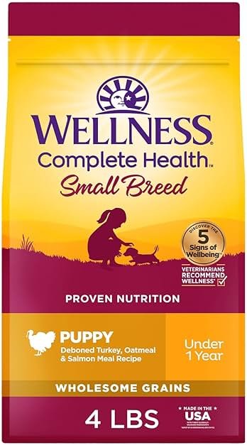 Wellness Complete Health Small Breed Puppy Dry Dog Food, Wholesome Grain Kibble, Natural, Turkey, Oatmeal, and Salmon Recipe, 4 lb Bag - Product Image