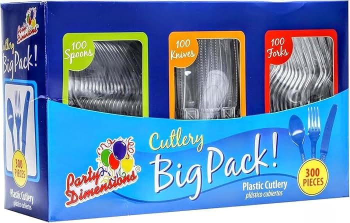 Party Dimensions 300 Count Plastic Cutlery Combo Box, Disposable Clear Plastic Silverware Utensils Set, 100 Forks, 100 spoons, 100 knives - Product Image