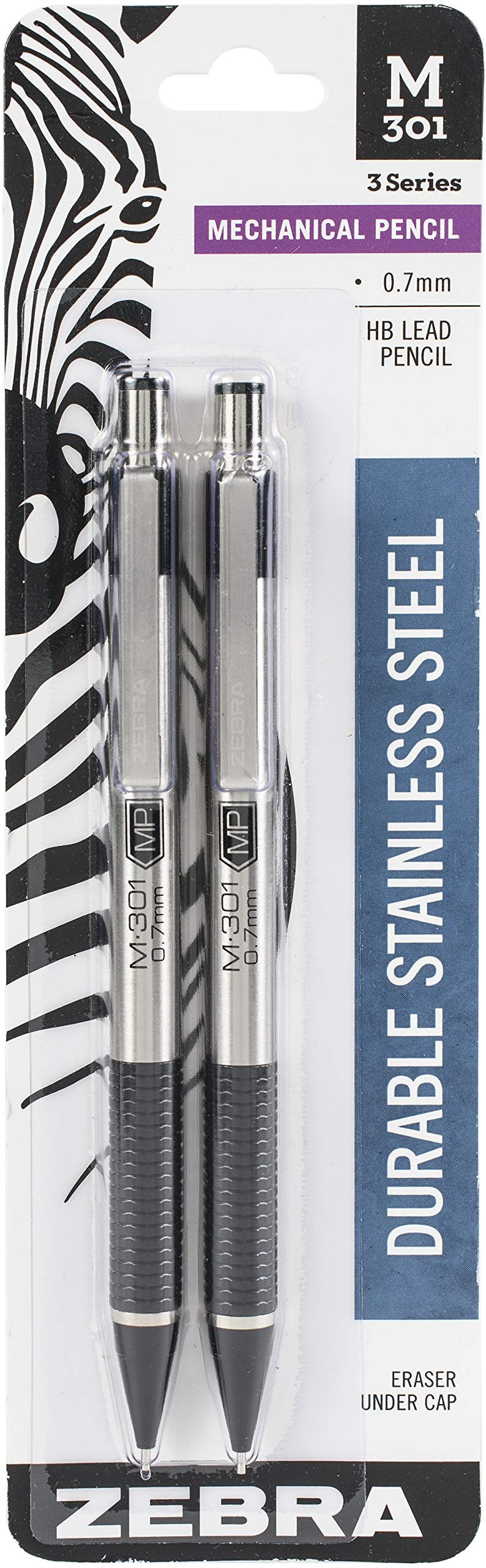 Zebra Pen, M-301 Mechanical Pencil, 0.7mm Point, Stainless Steel Barrel, Textured Grip, Smooth Writing Performance, Refillable, STEEL Series, 2-Count, (54312) - Product Image