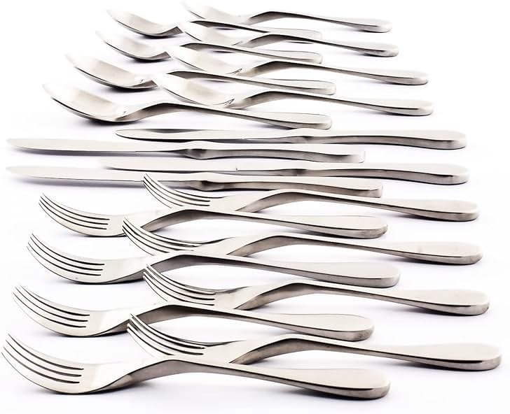 Knork Silverware Set - 20 Piece Matte Silver Cutlery set - Ergonomic Design Utensil sets, 18/10 Stainless Steel Forks Spoons and Knives set - Product Image