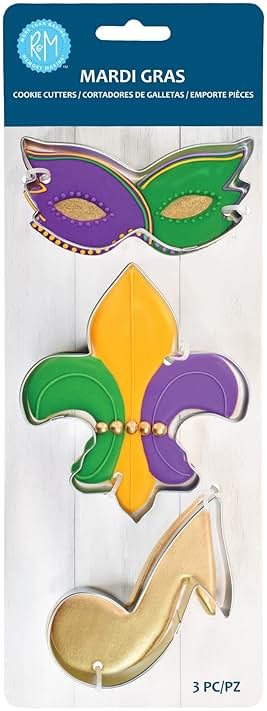 R&M Mardi Gras Cookie Cutter Gift Set. Includes Mardi Gras Mask, Fleur De Lis, and Music Note Cookie Cutter, 3-Piece Set, Silver - Product Image