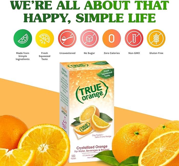 True Orange Dispenser Pack 100ct. Natural Flavored Water Enhancer, Great beverage option for Paleo Diet, Adkin's Diet, and other healthly diet programs. - Product Image
