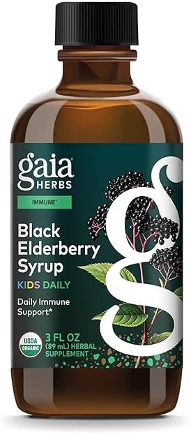 Gaia Herbs Black Elderberry Syrup Kids Daily - Delicious Immune Support Supplement for Kids* - Organic Black Elderberries & Honey - USDA Certified Organic Syrup - 3 Fl Oz (About 18 to 26 Servings) - Product Image