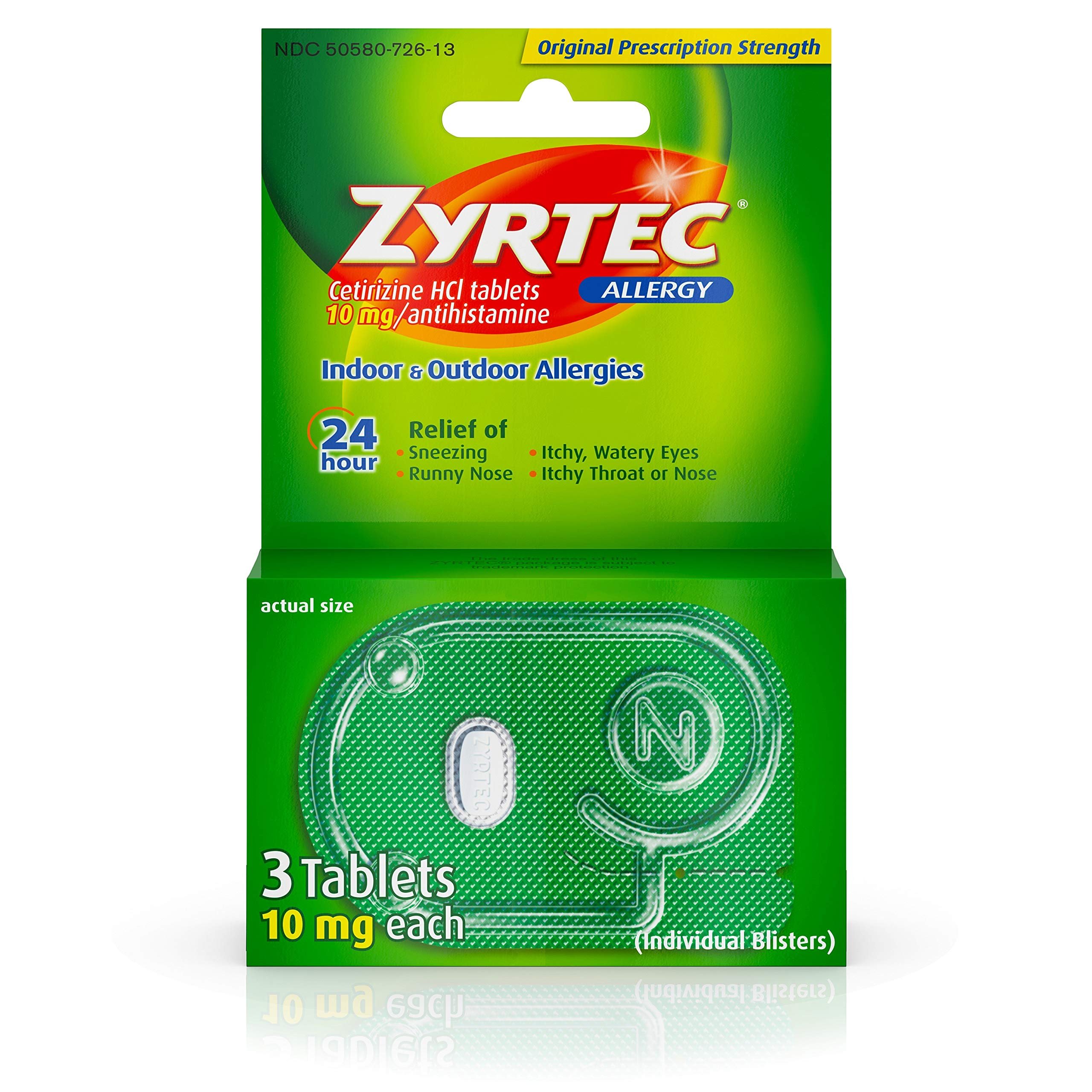 Zyrtec 24 Hour Allergy Relief Tablets, Antihistamine Indoor & Outdoor Anti Allergy Medicine + Cetirizine HCl, Relief from Runny Nose, Sneezing, & Itchy Eyes, Single Packs, 3 x 1 ct Packets - Product Image