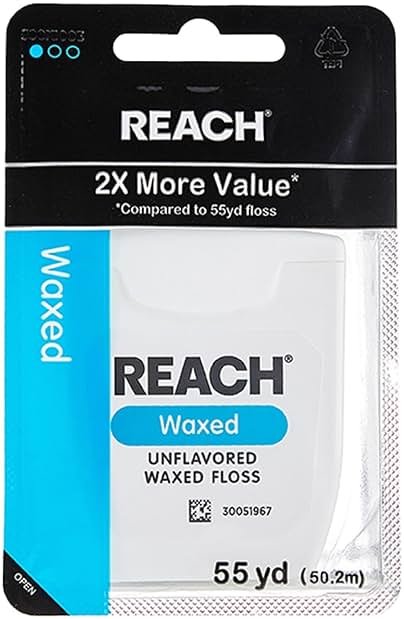 REACH Waxed Dental Floss,Unflavored, Plaque Remover for Teeth, Shred Resistant, Floss Slides Smoothly, Easy to Use, Waxed, Deep Cleaning Teeth, Oral Care, PFAS Free, for Adults & Kids, 1 Pack, 55 yd - Product Image