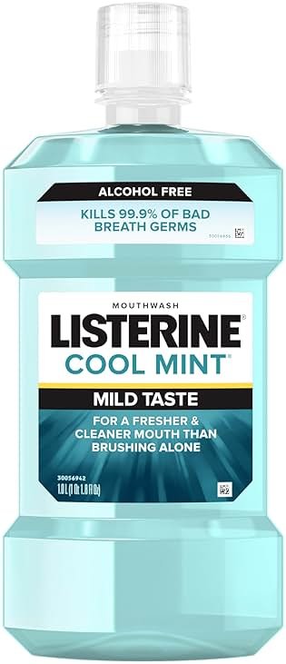 Listerine Cool Mint Alcohol-Free Mild Mouthwash, Oral Rinse Kills 99.9% of Germs That Cause Bad Breath, Less Intense Taste, Mild Mint Flavor, 1 L - Product Image