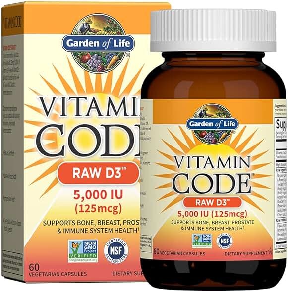 Garden of Life Vitamin D3 5000 IU, Raw Whole Food Supplements with Chlorella, Fruit, Veggies & Probiotics for Bone & Immune Health, 60 Vegetarian Capsules - Product Image