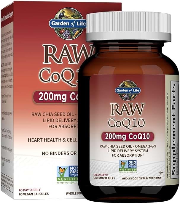 Garden of Life CoQ10 200mg, Vegetarian Omega 3 6 9 Supplement Raw Co Q 10 Chia Seed Oil, Whole Food Nutrition with Antioxidant Support, Coenzyme q10 Supplement for Heart Health, 60 Capsules - Product Image