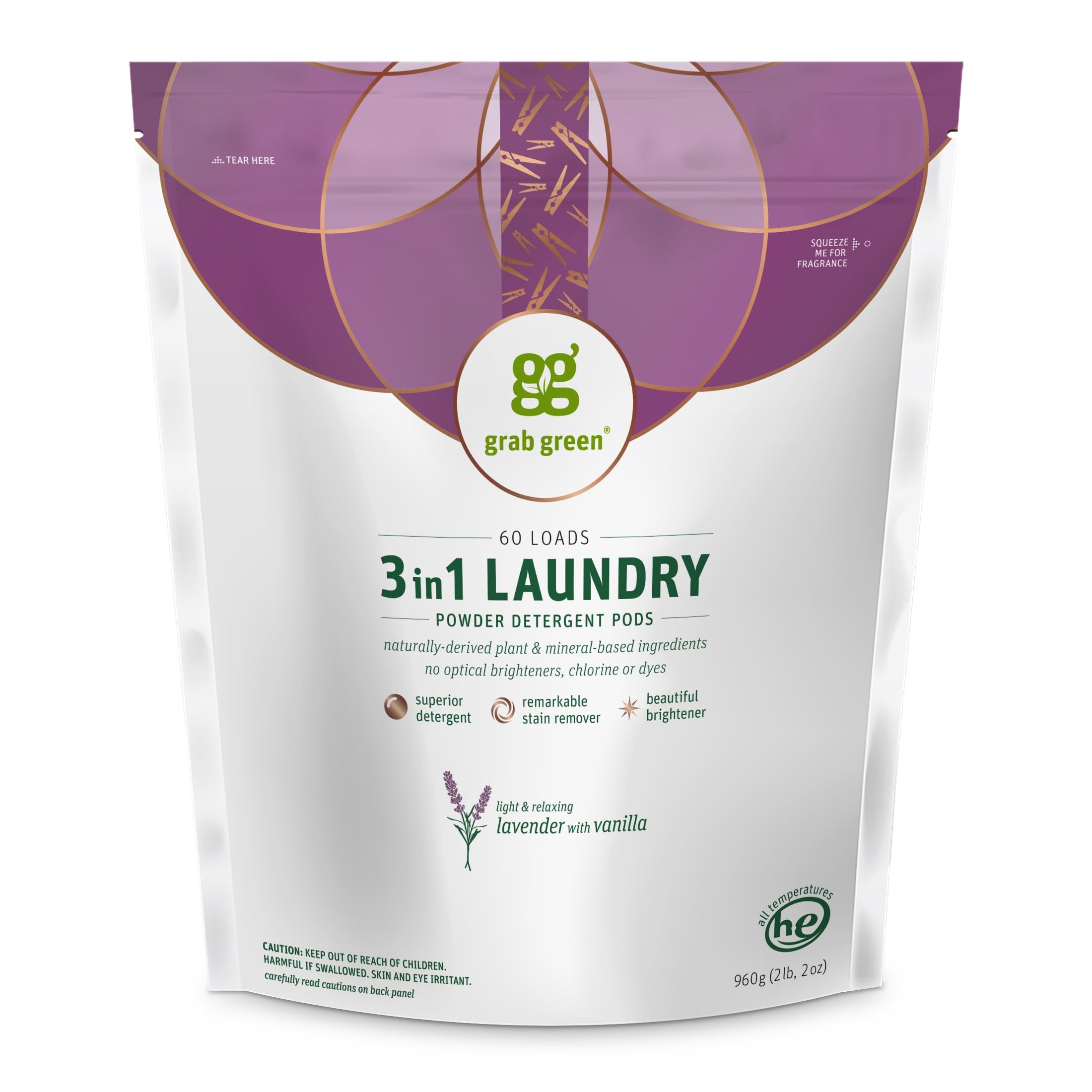 Grab Green 3-in-1 Laundry Detergent Pods, 60 Count, Lavender Vanilla Scent, Plant and Mineral Based, Superior Cleaning Power, Stain Remover, Brightens Clothes - Product Image