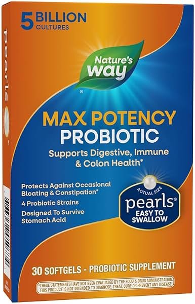 Nature's Way Pearls Max Potency Probiotic for Men and Women, Supports Digestive, Immune, Colon Health*, 5 Billion Live Cultures, No Refrigeration Required, 30 Softgels - Product Image