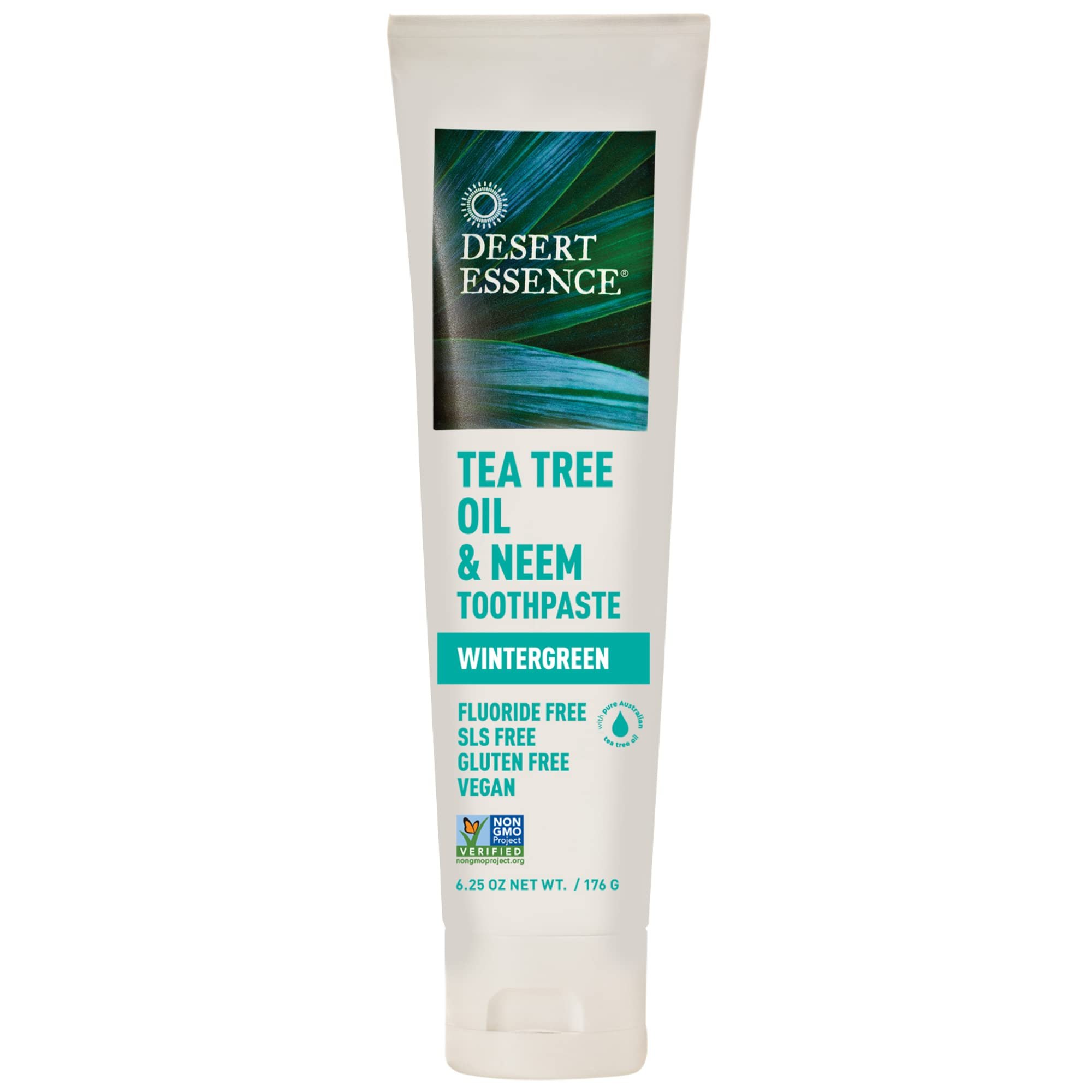 Desert Essence Tea Tree Oil & Neem Toothpaste - Fluoride-Free, Gluten-Free, SLS Free Formula - Vegan, Herbal Toothpaste for Plaque Reduction - Wintergreen Flavor, 6.25 oz - Product Image