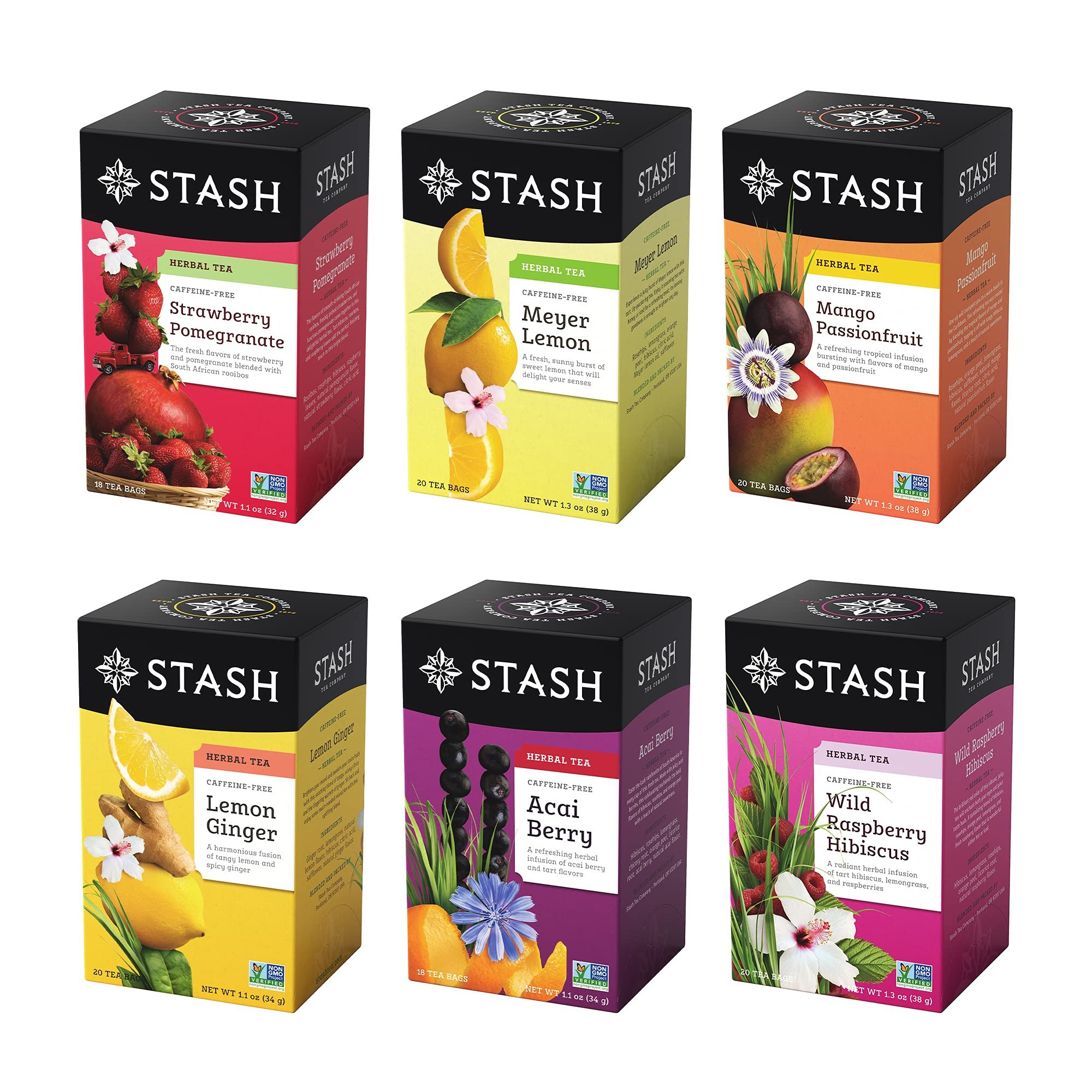 Stash Tea Fruity Herbal Tea 6 Flavor Tea Sampler, 6 boxes With 18-20 Tea Bags Each - Product Image