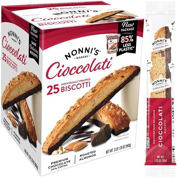 Nonni's XL Biscotti Dark Chocolate with Almond Cookies, Individually Wrapped Italian Coffee Snacks, 25 Cookies, 33.25 oz. Large Carton (Pack of 1) - Product Image