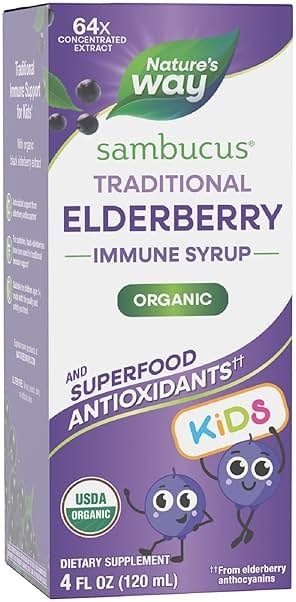 Nature's Way Sambucus Traditional Elderberry Immune Syrup for Kids, Concentrated Black Elderberry Extract, Traditional Immune Support*, with Superfood Antioxidants(1), 4 Fl Oz (Packaging May Vary) - Product Image