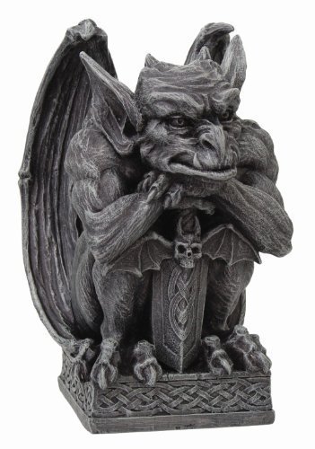 PTC Gargoyle with Shield Statue, Cold Cast Resin Figurine, Light Grey/Beige - Product Image