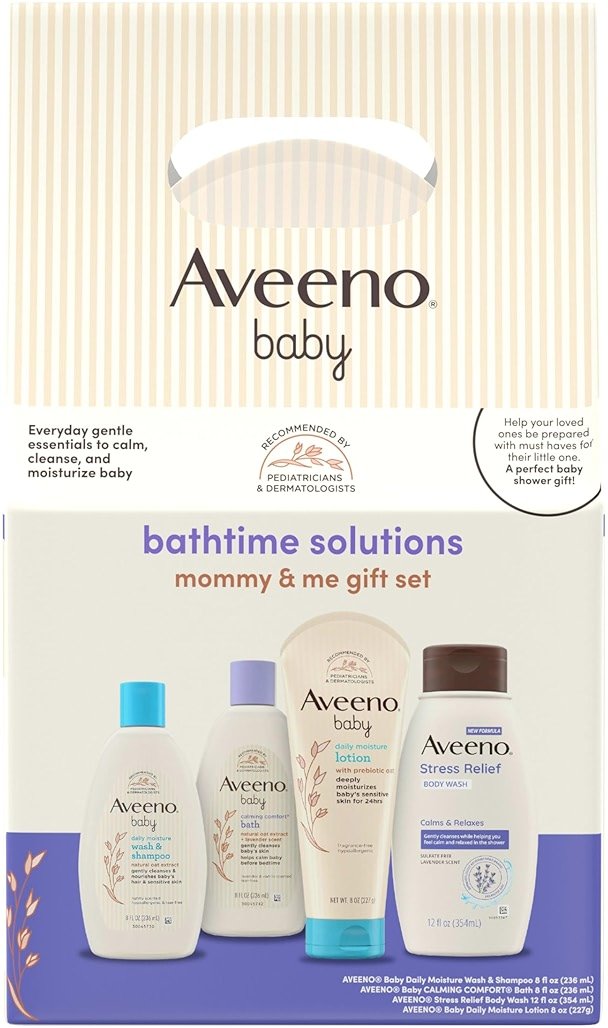 Aveeno Baby Bathtime Solutions Mommy & Me Gift Set, Baby Wash & Shampoo, Calming Bath, Daily Moisturizing Lotion and Stress Relief Body Wash for Mom, Colloidal Oat, Baby Bath Essentials, 4 items - Product Image