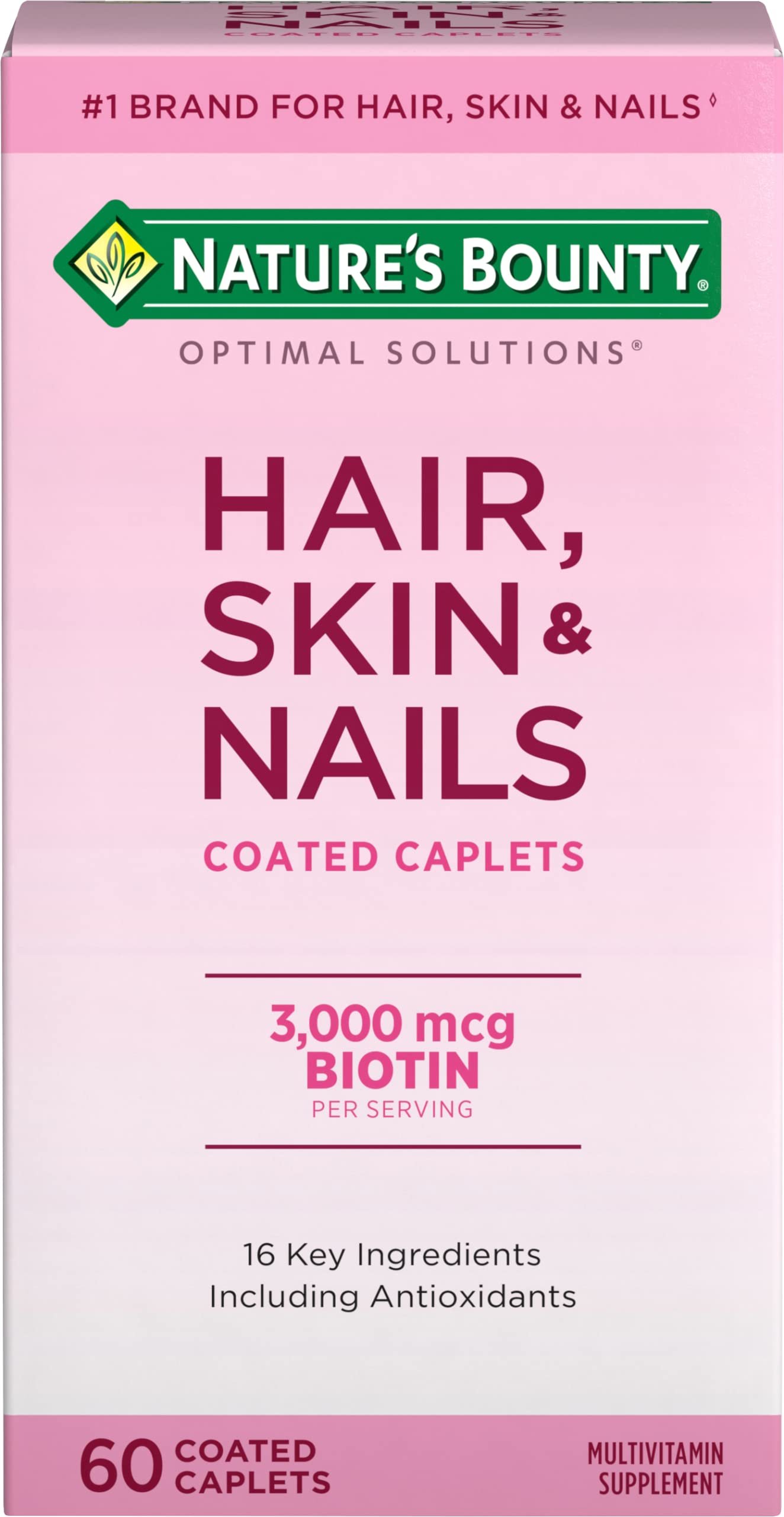 Nature's Bounty Optimal Solutions Hair, Skin & Nails Formula, with 3,000 mcg Biotin, 60 Coated Caplets, 20 Total Servings - Product Image