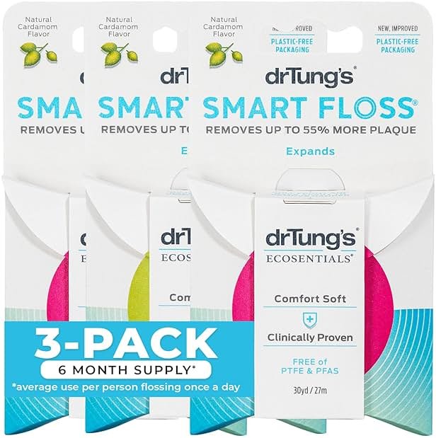 DrTung's Smart Floss - Natural Dental Floss, Cardamom Flavor - Pack of 3 | PTFE & PFAS Free, Gentle on Gums, Expands & Stretches, BPA Free - Product Image