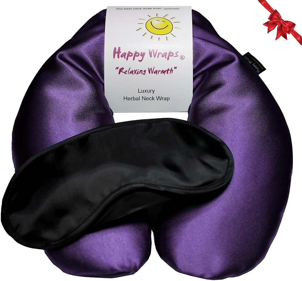 Happy Wraps Microwavable Herbal Neck Wrap - Hot Cold Aromatherapy Neck Warming Pillow - Heating Pad for Migraines, Stress, Gifts for Women, Birthdays, Christmas and Free Sleep Mask - Amethyst Satin - Product Image