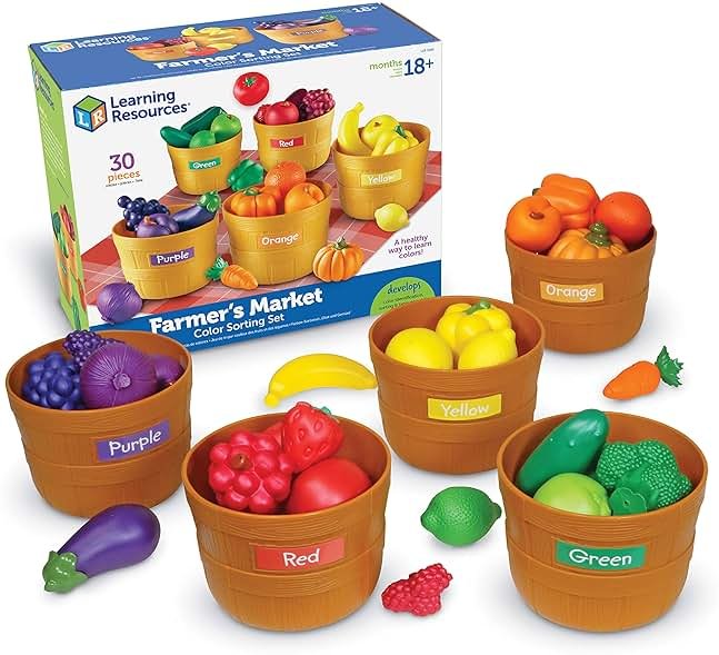 Learning Resources Farmer's Market Color Sorting Set - Pretend Play Food Sets for Kids Kitchen, Color Sorting Toys, Plastic Fruit and Vegetable Toy for Kids Kitchen Set, Play Food for Toddlers 1-3 - Product Image