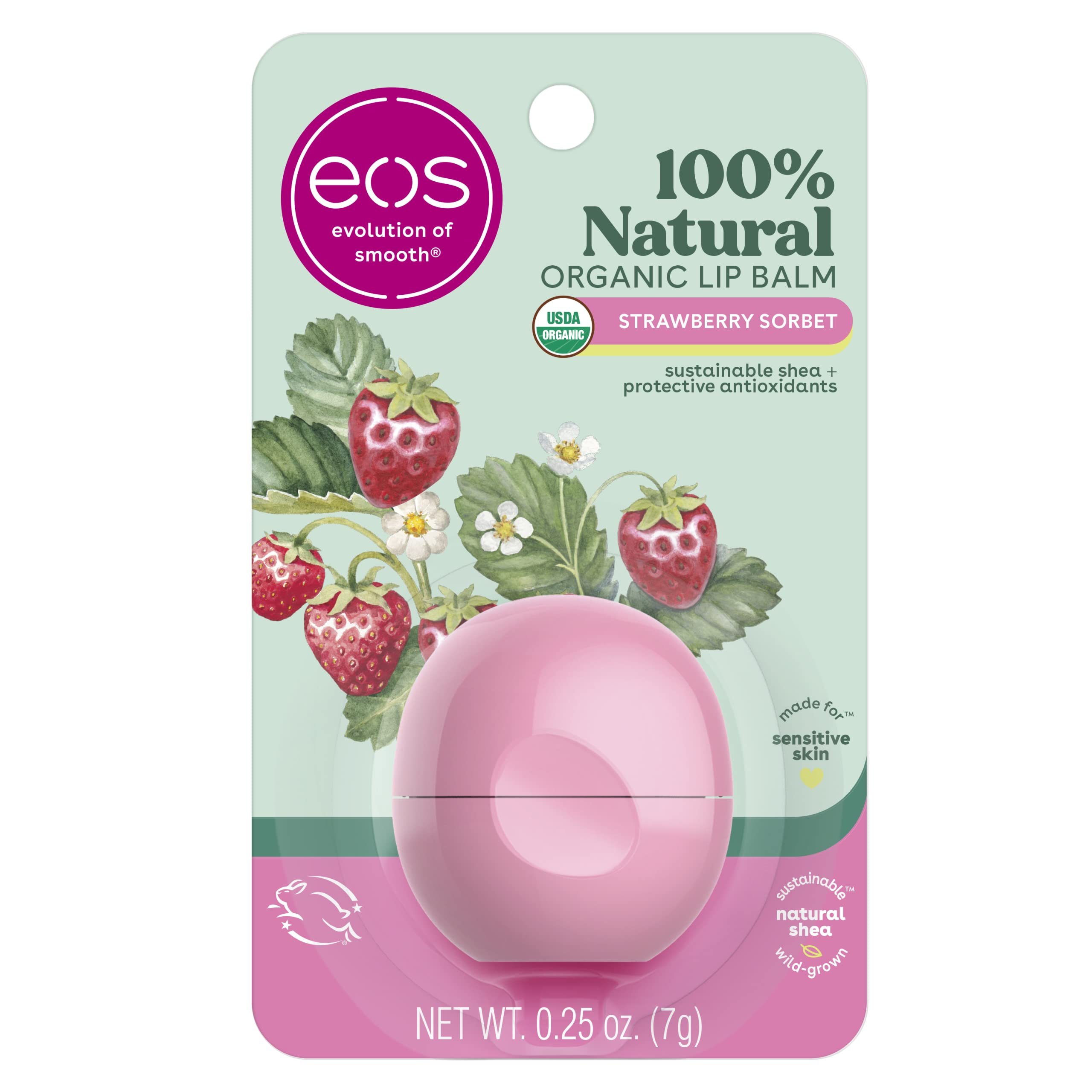 eos 100% Natural & Organic Lip Balm - Strawberry Sorbet, All-Day Moisture, Dermatologist Recommended for Sensitive Skin Care, Lip Care Products, 0.25 oz - Product Image