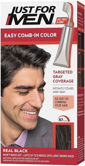 Just For Men Easy Comb-In Color (Formerly Autostop), Gray Hair Coloring for Men with Comb Applicator Included, Easy No Mix Application - Real Black, A-55 (Packaging May Vary) - Product Image