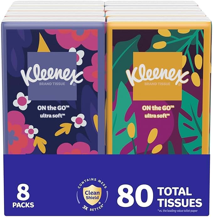 Kleenex On-The-Go Facial Tissues, 8 On-The-Go Packs, 10 Tissues per Box, 3-Ply (80 Total), Packaging May Vary - Product Image