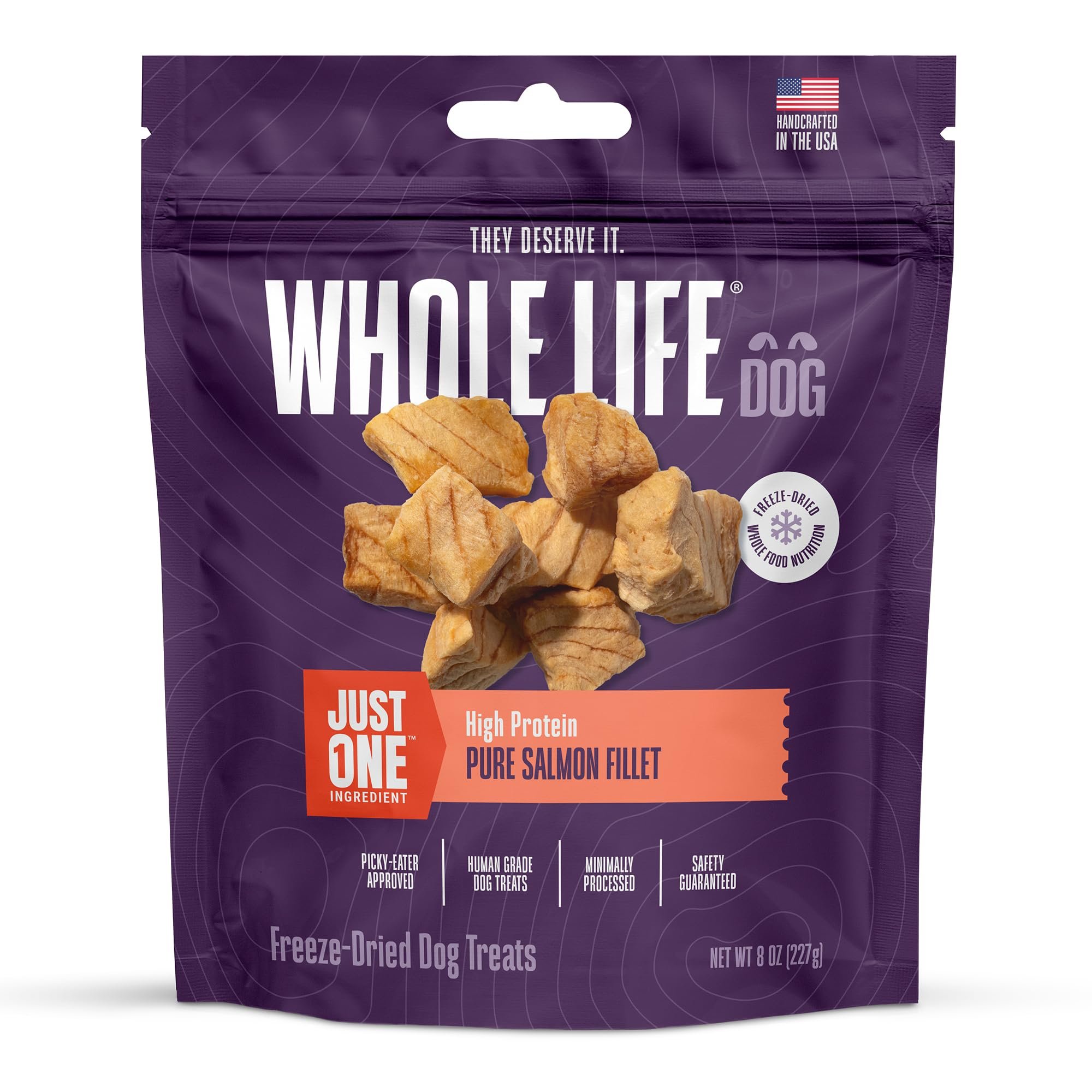 Whole Life Dog Just One Salmon Freeze Dried Dog Treats - Human Grade High Protein Food, Healthy Training Snacks, Freeze Dried Salmon Food Toppers, USA Made Natural Treats - 8 oz (Value Pack of 1) - Product Image