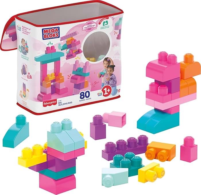 MEGA BLOKS First Builders Toddler Blocks Toys Set, Big Building Bag Collection with 80 Pieces and Storage, Pink, Ages 1+ Years - Product Image