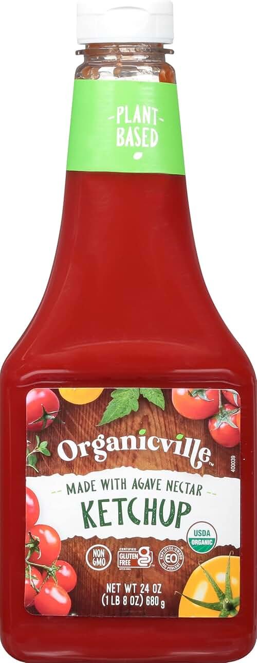 Organicville Organic Ketchup - Tomato Ketchup, Gluten Free, Non-GMO, Vegan, USDA Organic, Made with Agave Nectar, Plant-Based Ketchup, Squeeze Bottle - 24 Oz - Product Image