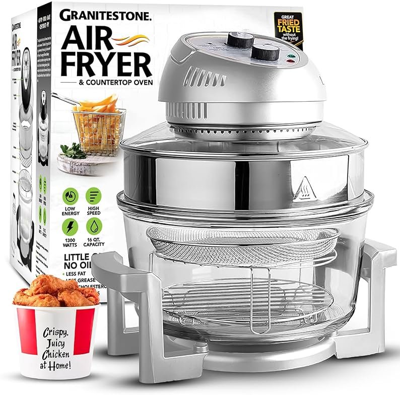 Granitestone 16Qt Large Glass Air Fryer Non Toxic – Family Sized Airfyrer Cooker with 3 Cooking Sections, Stainless Steel Racks, for French Fries, Chicken, No Preheat, Self Cleaning, Dishwasher Safe - Product Image
