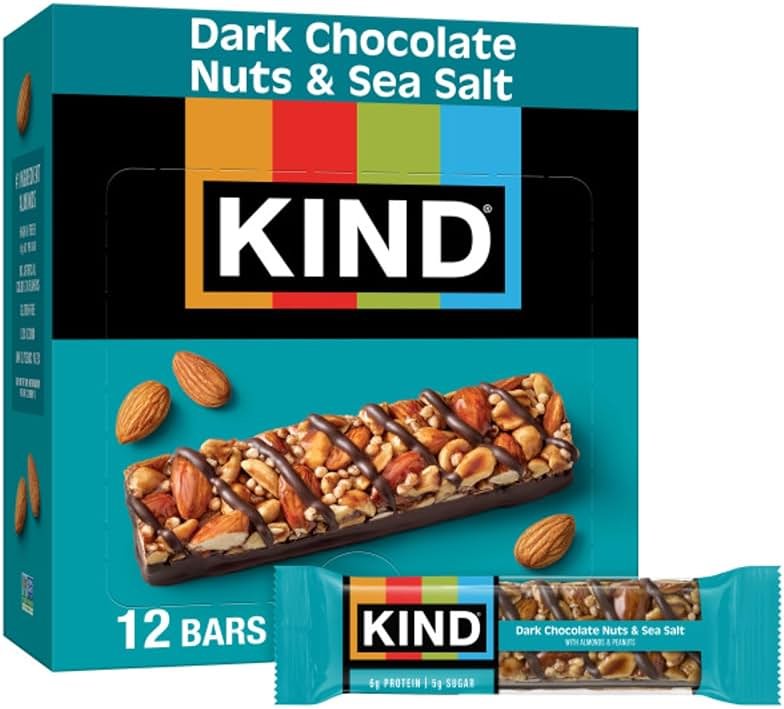 KIND Healthy Snacks Bars, Dark Chocolate Nuts & Sea Salt, Gluten Free, Low Sugar, High Fiber Snacks, 6g Protein, 12 Count - Product Image